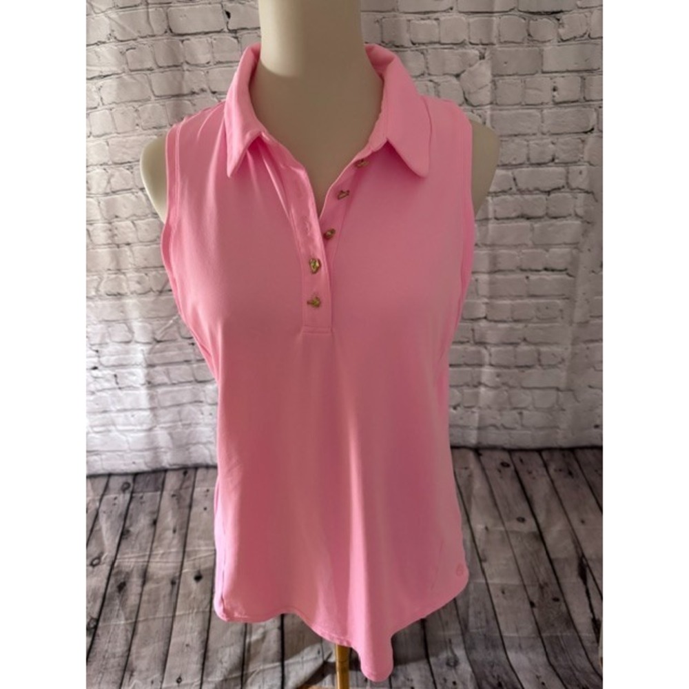 Lilly Pulitzer Luxletic Imara Golf‎ Polo Pink L Gold Novelty Buttons EUC